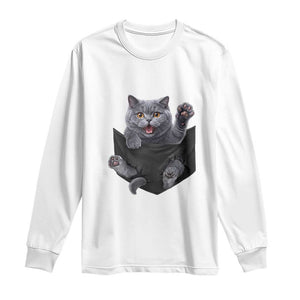 Cute British Shorthair Cat In Pocket Long Sleeve Shirt Cat Lover TS12 White Print Your Wear