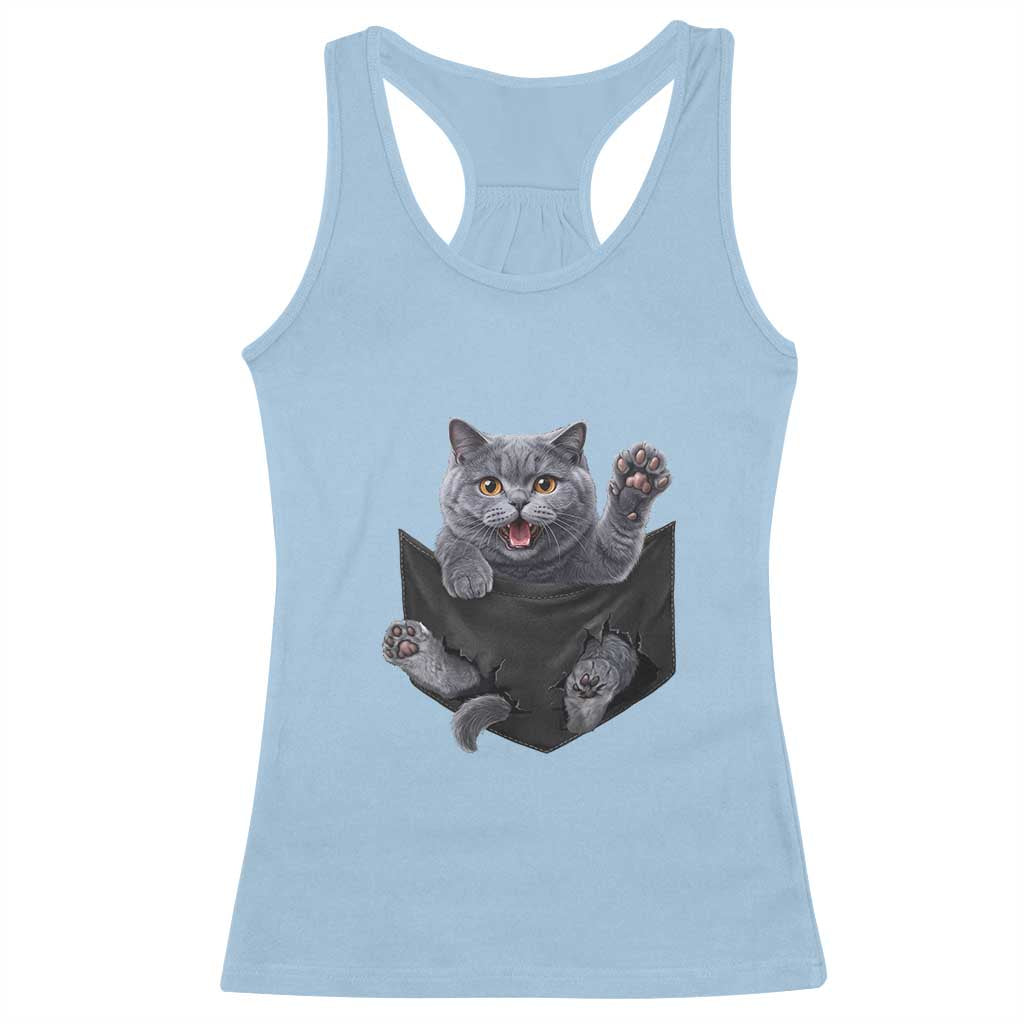 Cute British Shorthair Cat In Pocket Racerback Tank Top Cat Lover TS12 Light Blue Print Your Wear