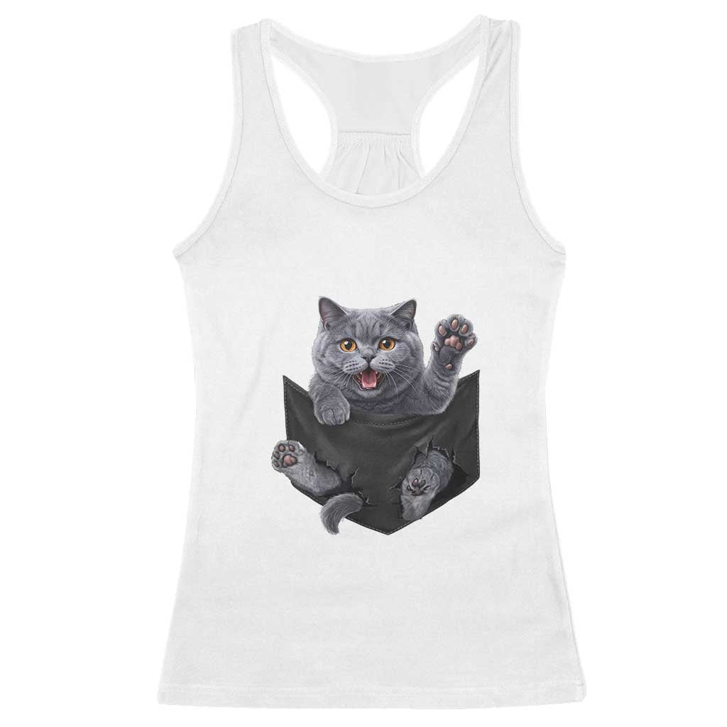 Cute British Shorthair Cat In Pocket Racerback Tank Top Cat Lover TS12 White Print Your Wear