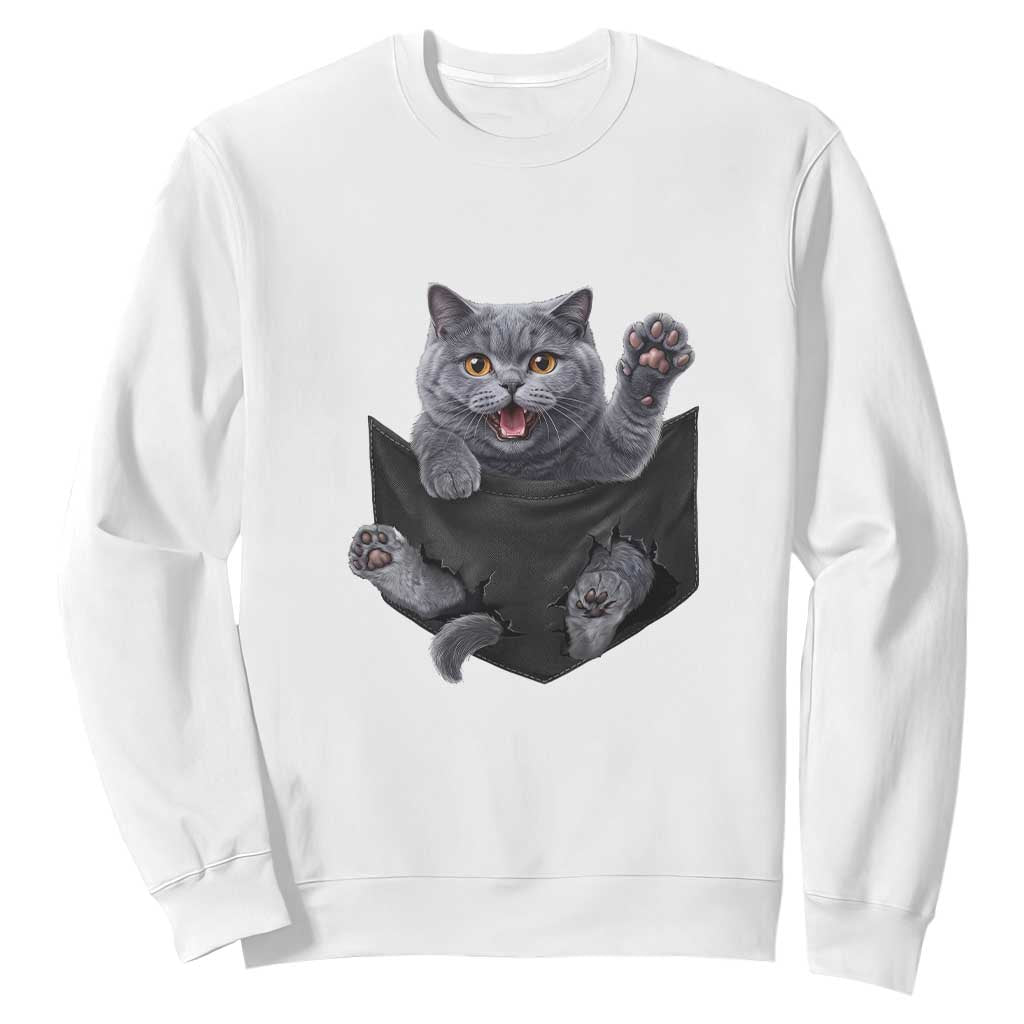 Cute British Shorthair Cat In Pocket Sweatshirt Cat Lover TS12 White Print Your Wear