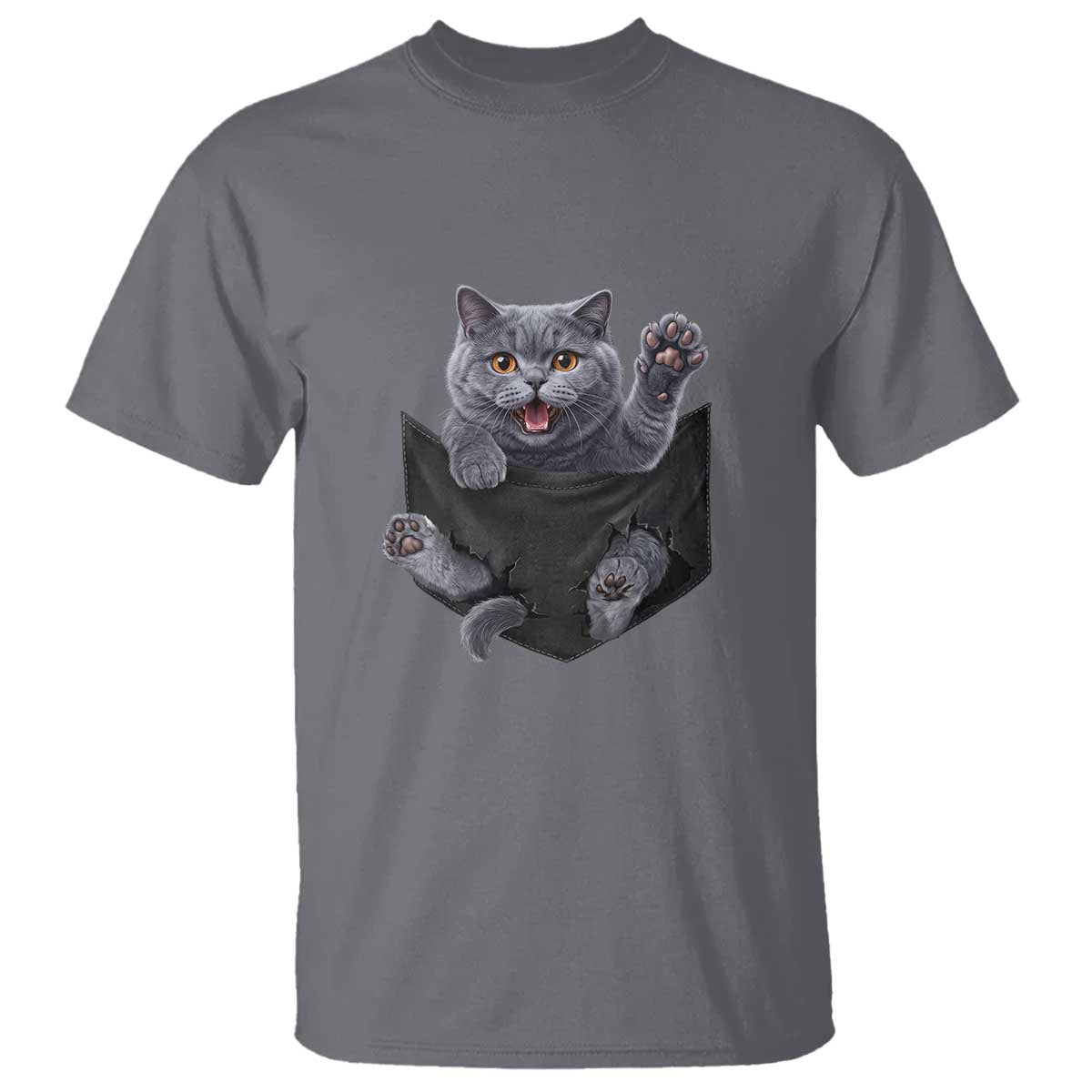 Cute British Shorthair Cat In Pocket T Shirt Cat Lover TS12 Charcoal Print Your Wear