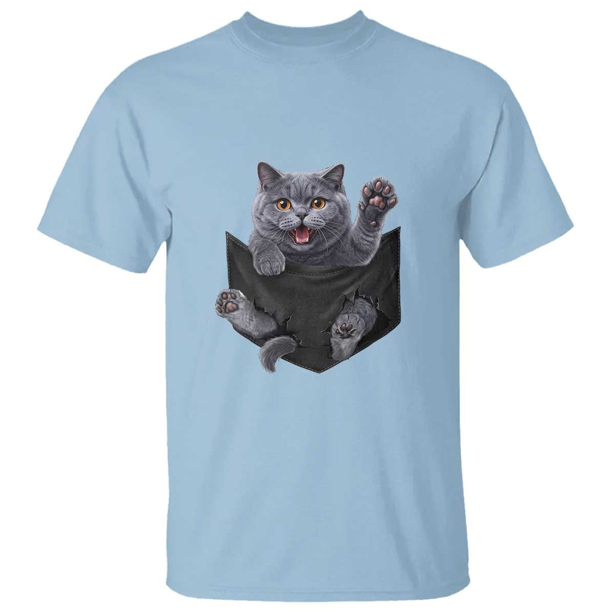 Cute British Shorthair Cat In Pocket T Shirt Cat Lover TS12 Light Blue Print Your Wear