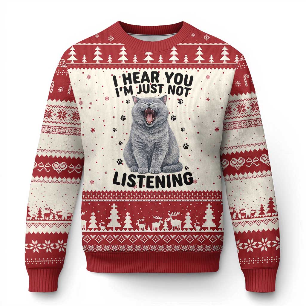 Funny British Shorthair Cat Ugly Christmas Sweater I Hear You I Am Just Not Listening TS12 Beige Red Print Your Wear