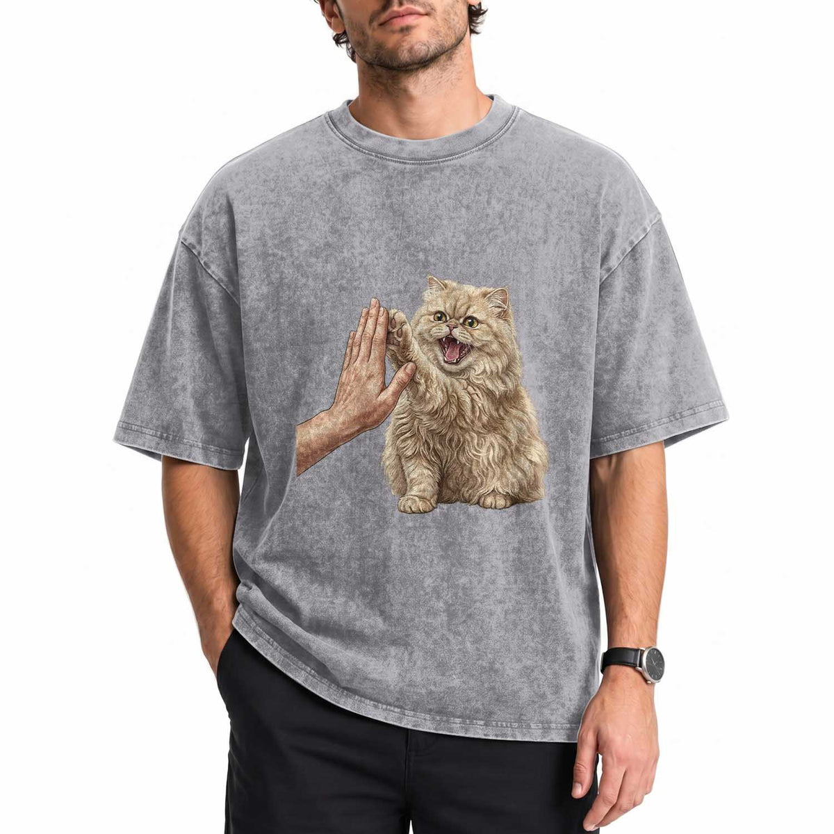 Cute Persian Cat High Five Washed Cotton T-Shirt Cat Lover