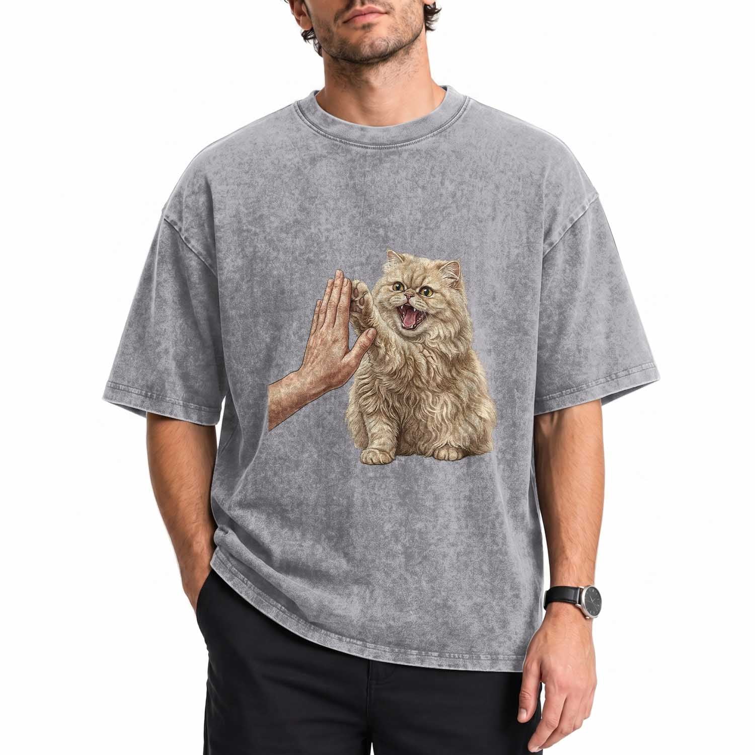 Cute Persian Cat High Five Washed Cotton T-Shirt Cat Lover