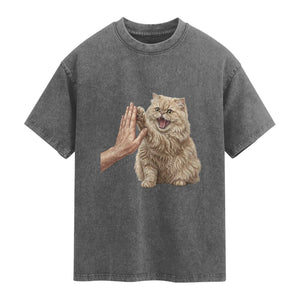 Cute Persian Cat High Five Washed Cotton T-Shirt Cat Lover