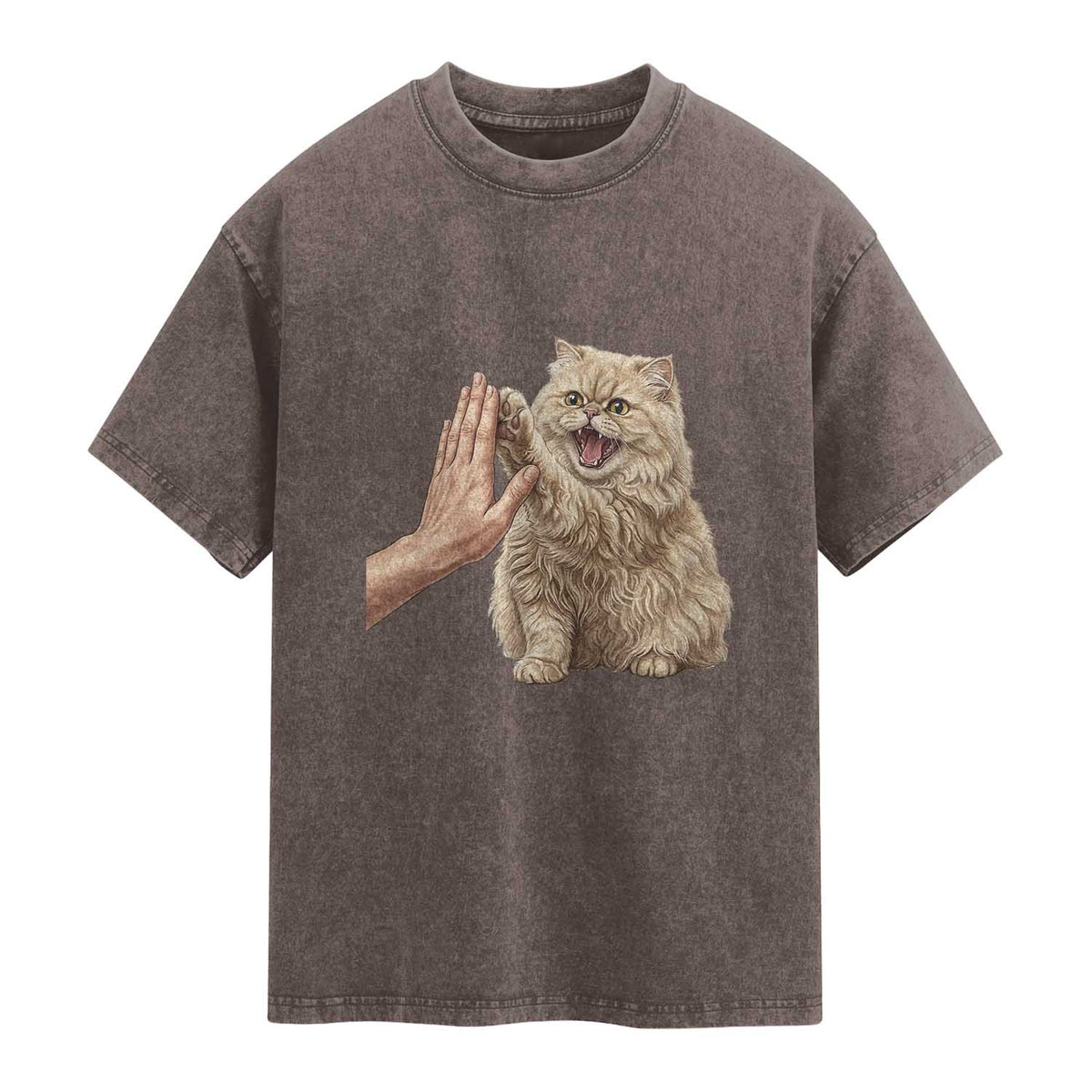 Cute Persian Cat High Five Washed Cotton T-Shirt Cat Lover