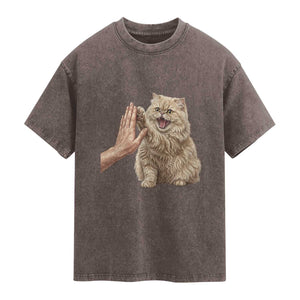 Cute Persian Cat High Five Washed Cotton T-Shirt Cat Lover