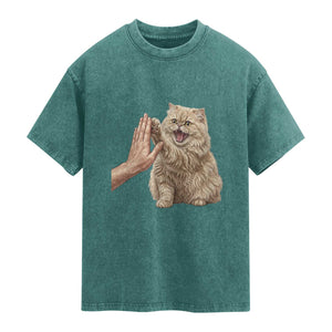 Cute Persian Cat High Five Washed Cotton T-Shirt Cat Lover