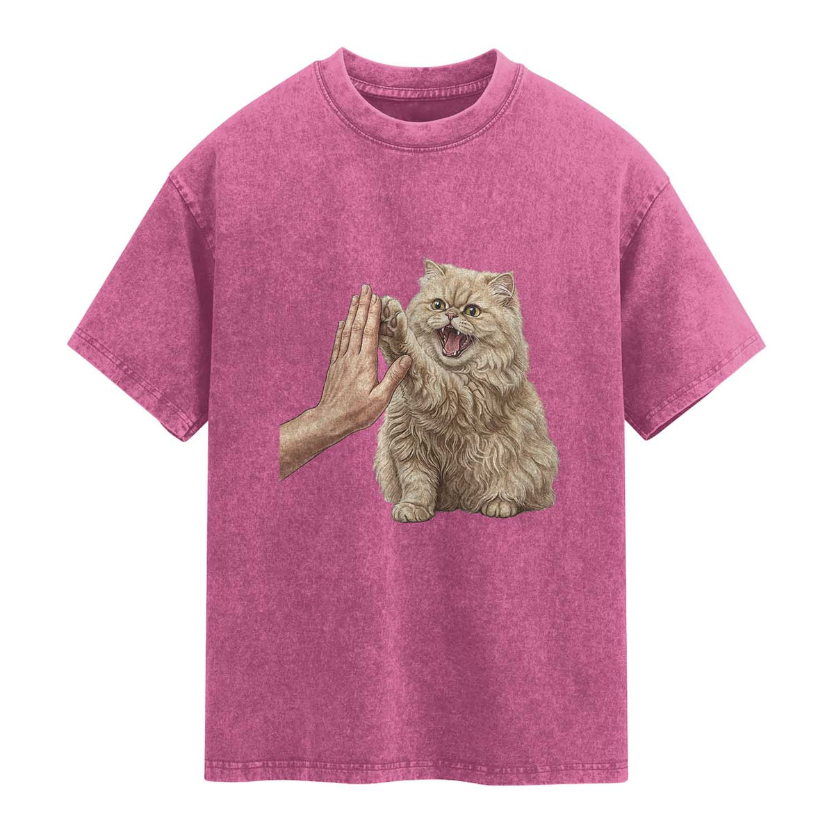 Cute Persian Cat High Five Washed Cotton T-Shirt Cat Lover