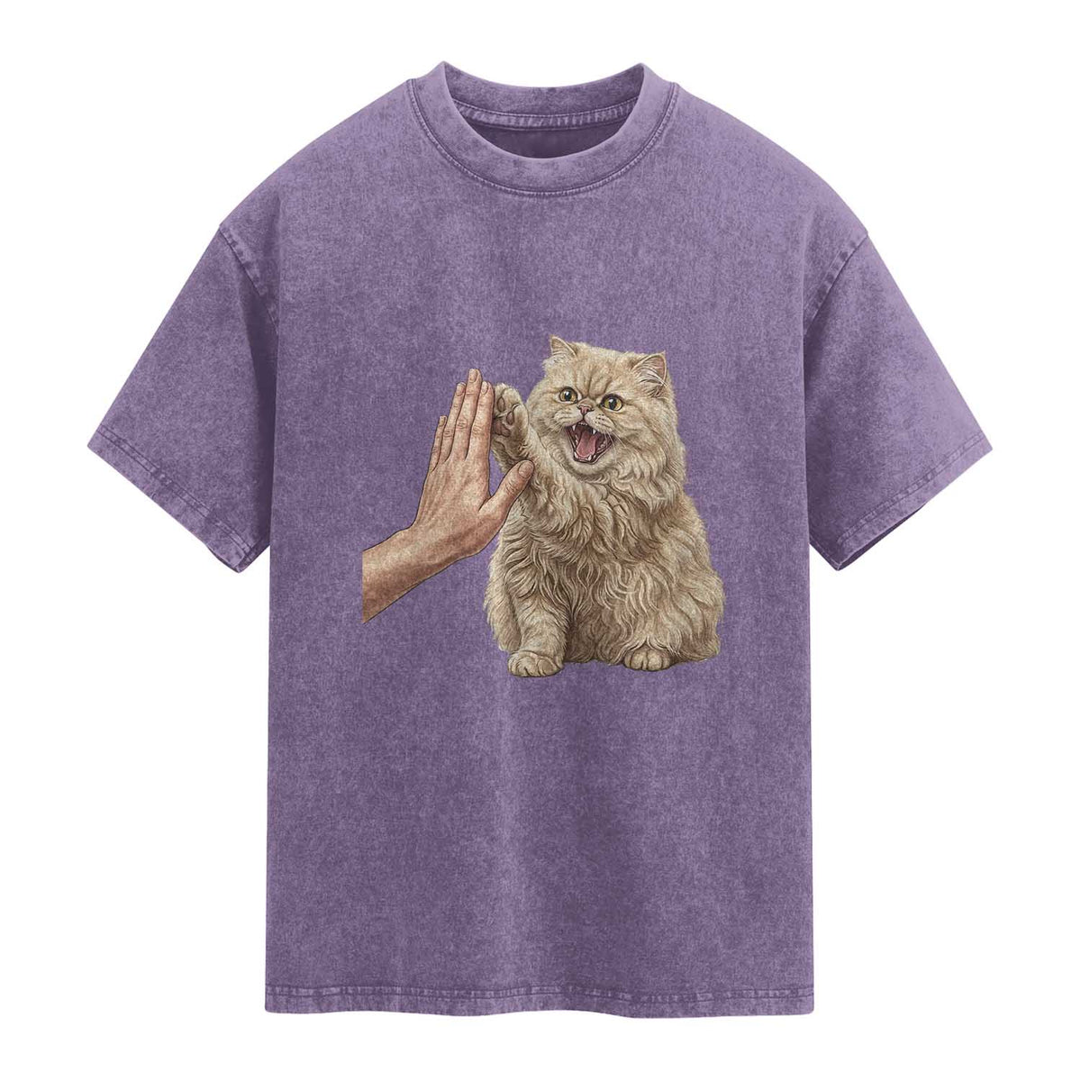 Cute Persian Cat High Five Washed Cotton T-Shirt Cat Lover