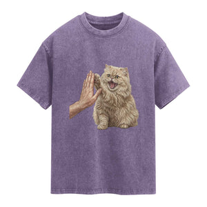 Cute Persian Cat High Five Washed Cotton T-Shirt Cat Lover