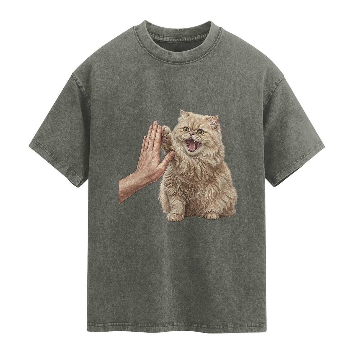 Cute Persian Cat High Five Washed Cotton T-Shirt Cat Lover