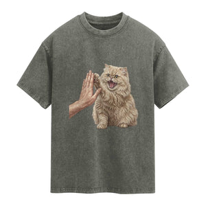 Cute Persian Cat High Five Washed Cotton T-Shirt Cat Lover