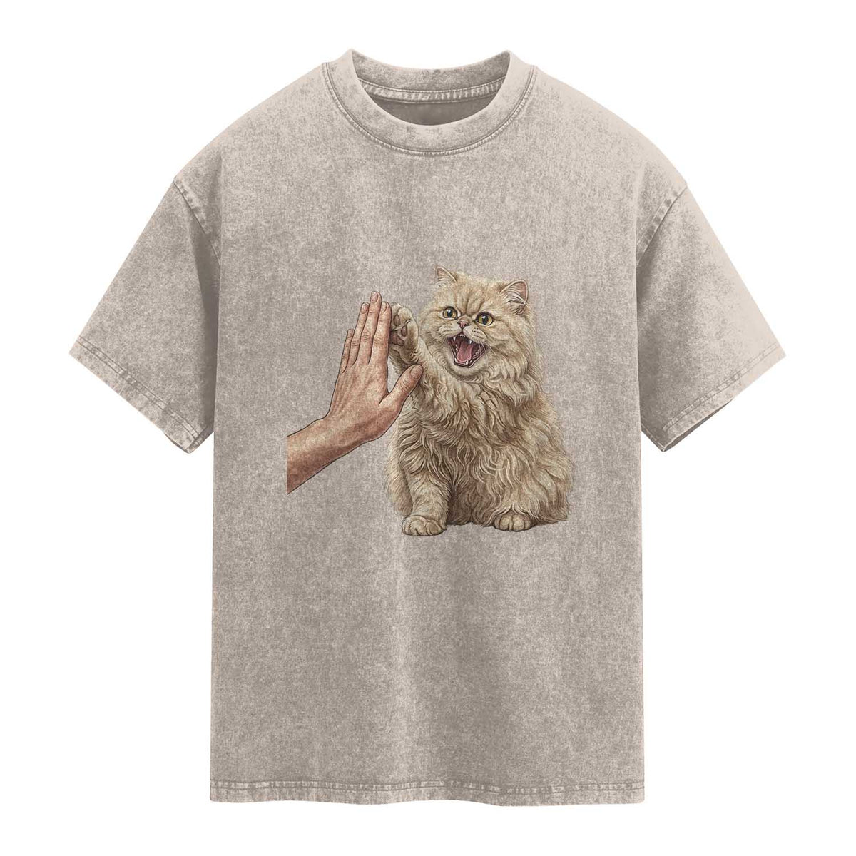 Cute Persian Cat High Five Washed Cotton T-Shirt Cat Lover