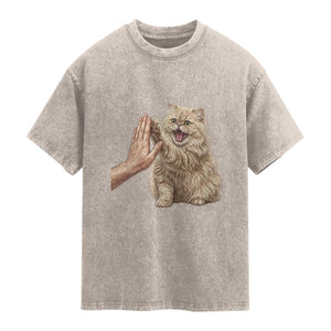 Cute Persian Cat High Five Washed Cotton T-Shirt Cat Lover