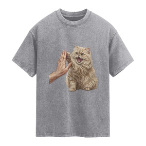 Cute Persian Cat High Five Washed Cotton T-Shirt Cat Lover