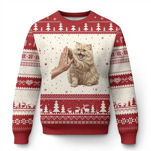 Cute Persian Cat High Five Ugly Christmas Sweater Cat Lover TS12 Beige Red Print Your Wear
