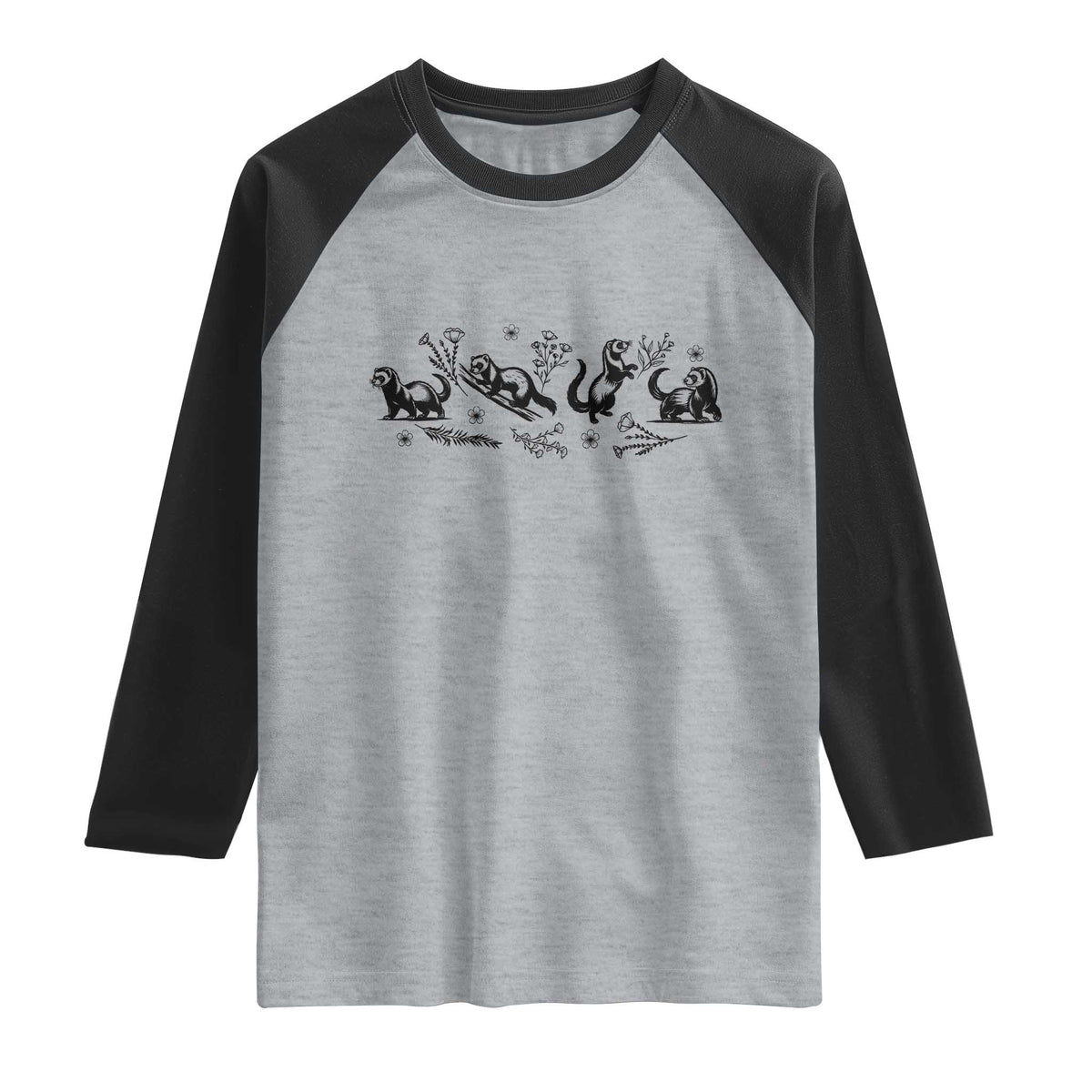 Minimalist Ferret Floral Graphic Raglan Shirt Exotic Pet Owner Gift TS12 Heather Gray Black Print Your Wear