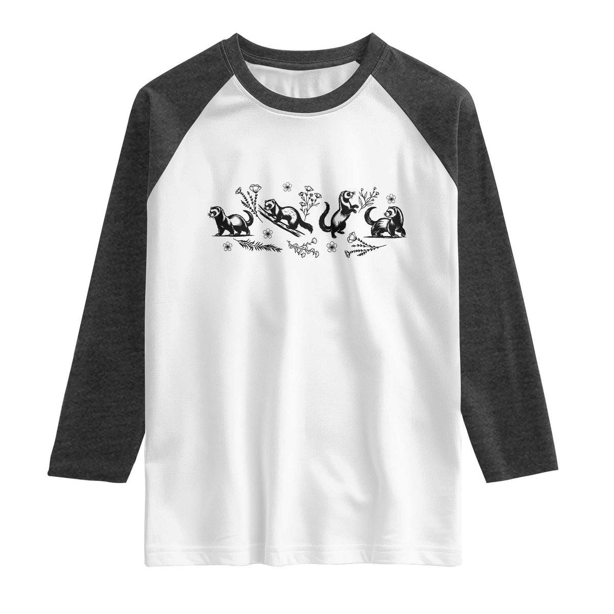 Minimalist Ferret Floral Graphic Raglan Shirt Exotic Pet Owner Gift TS12 White Heather Charcoal Print Your Wear