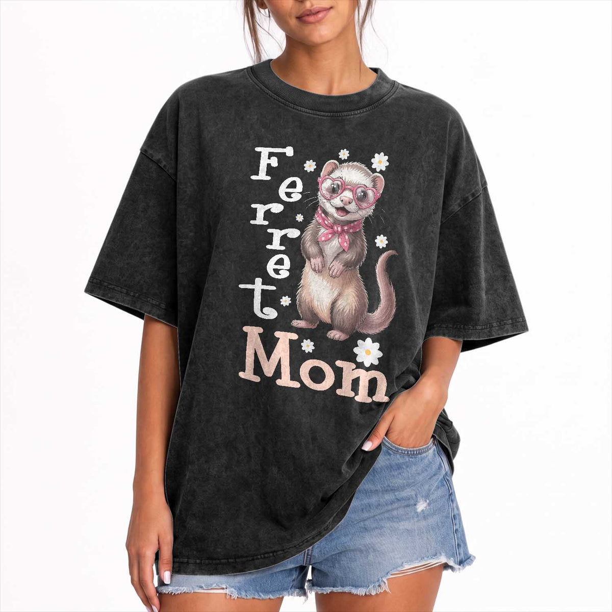 Ferret Mom Life Washed Cotton T-Shirt Funny Cute Polecat Ferret Lover