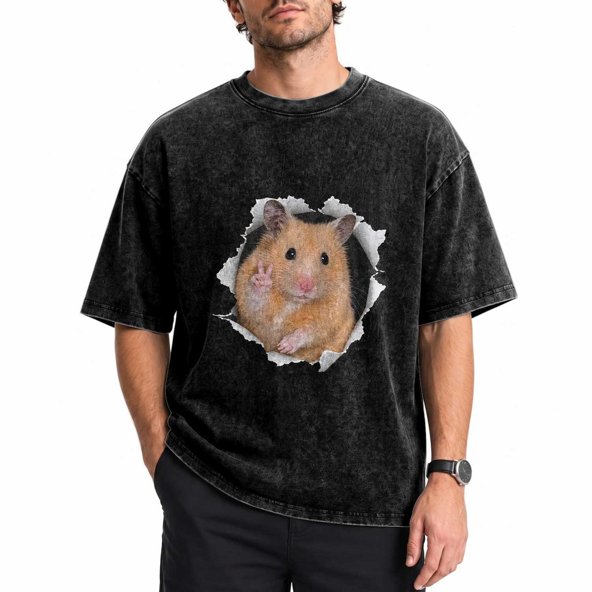 Funny Curious Hamster Peeking Through A Cracked Wall Meme Washed Cotton T-Shirt