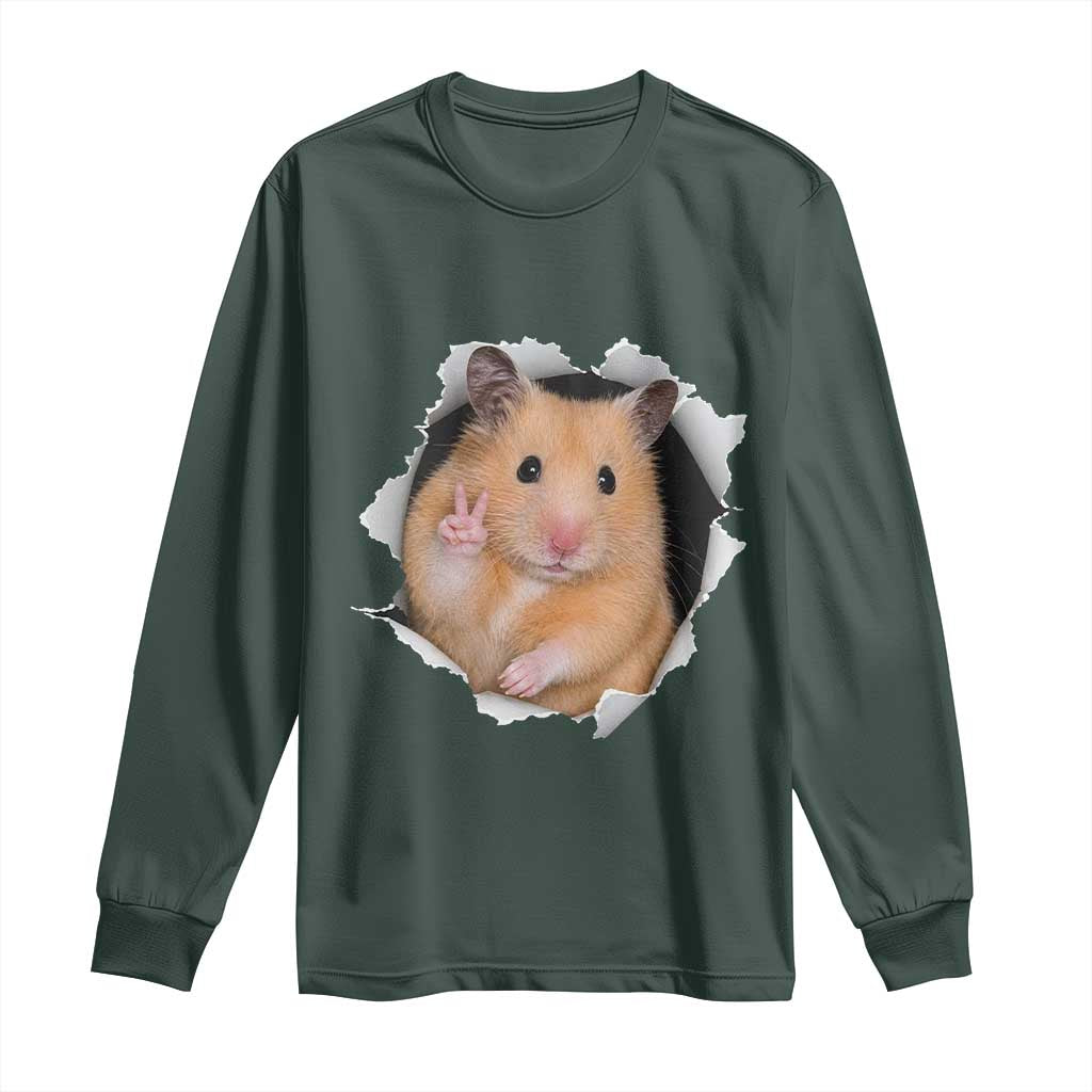Funny Curious Hamster Peeking Through A Cracked Wall Meme Long Sleeve Shirt TS12 Dark Forest Green Print Your Wear