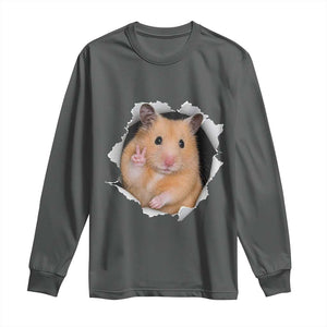 Funny Curious Hamster Peeking Through A Cracked Wall Meme Long Sleeve Shirt TS12 Dark Heather Print Your Wear