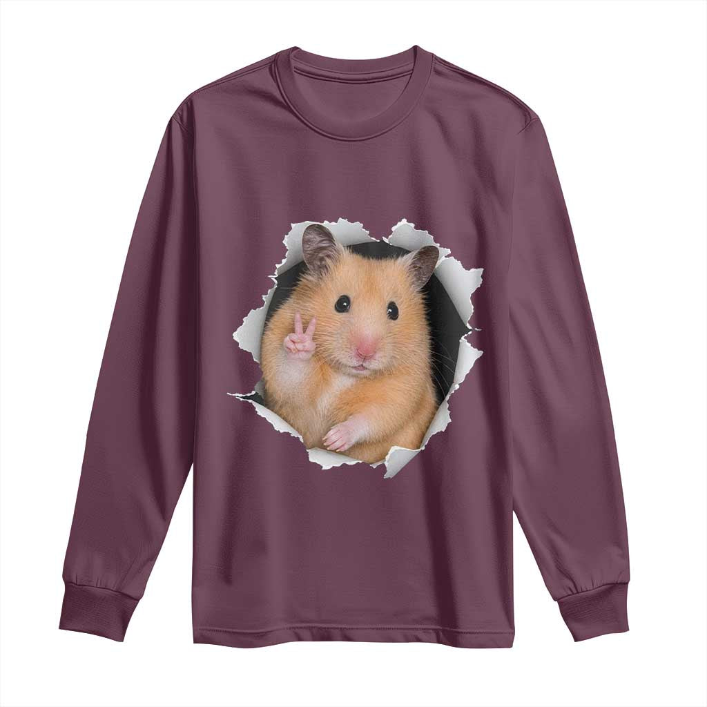 Funny Curious Hamster Peeking Through A Cracked Wall Meme Long Sleeve Shirt TS12 Maroon Print Your Wear