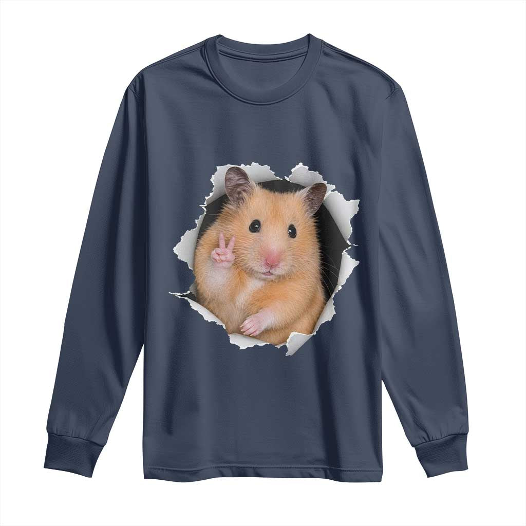 Funny Curious Hamster Peeking Through A Cracked Wall Meme Long Sleeve Shirt TS12 Navy Print Your Wear