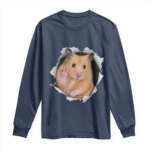 Funny Curious Hamster Peeking Through A Cracked Wall Meme Long Sleeve Shirt TS12 Navy Print Your Wear