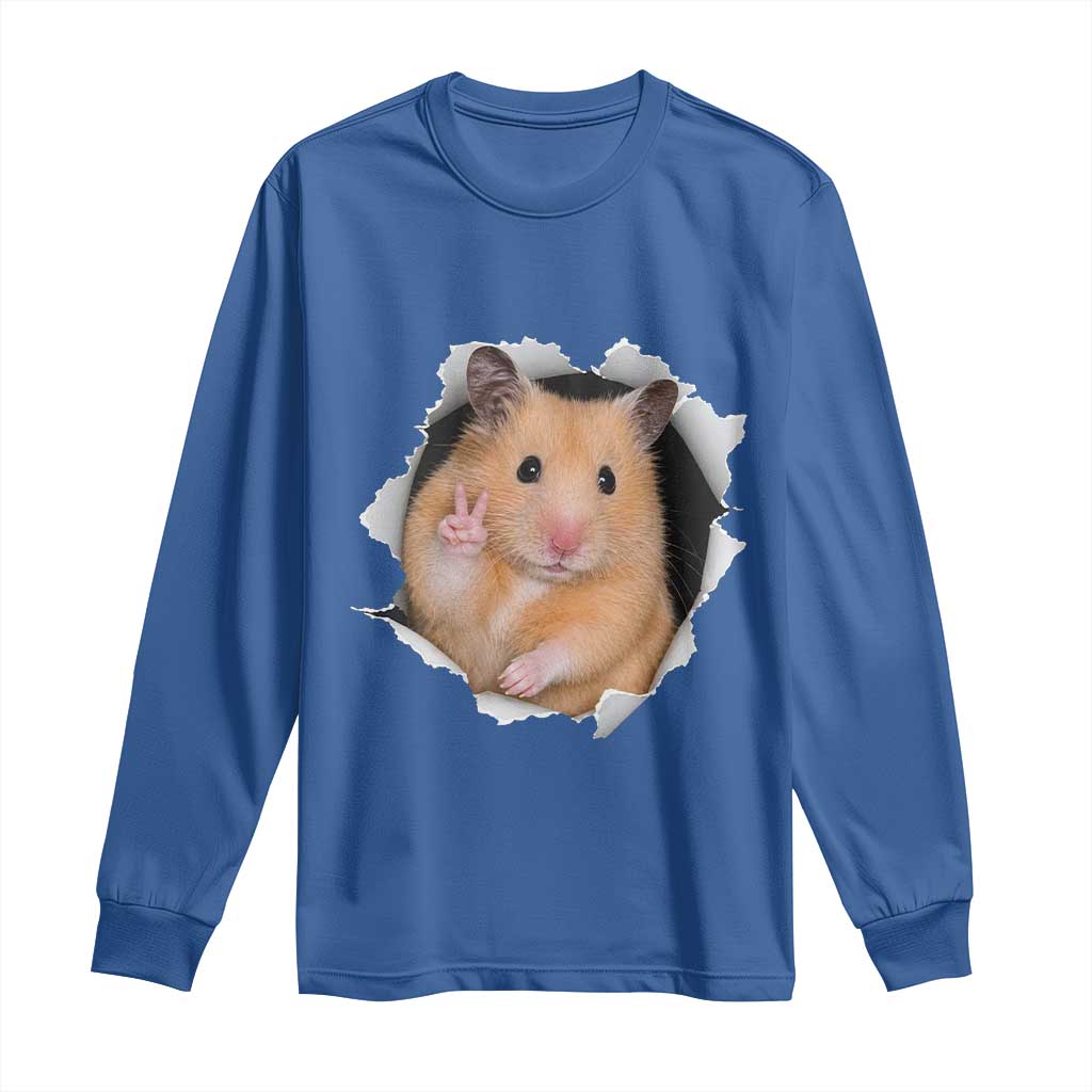 Funny Curious Hamster Peeking Through A Cracked Wall Meme Long Sleeve Shirt TS12 Royal Blue Print Your Wear