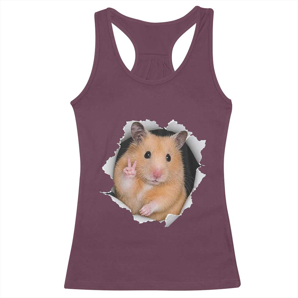 Funny Curious Hamster Peeking Through A Cracked Wall Meme Racerback Tank Top TS12 Maroon Print Your Wear