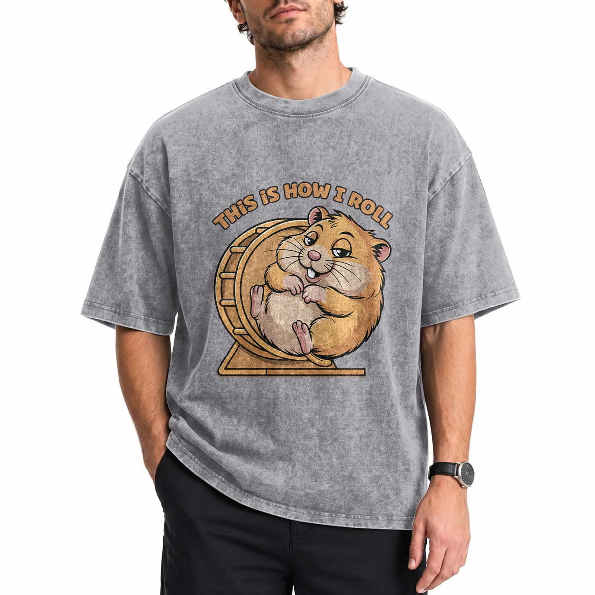 Funny Hamster This Is How I Roll Washed Cotton T-Shirt Cute Rodent Wheel Meme