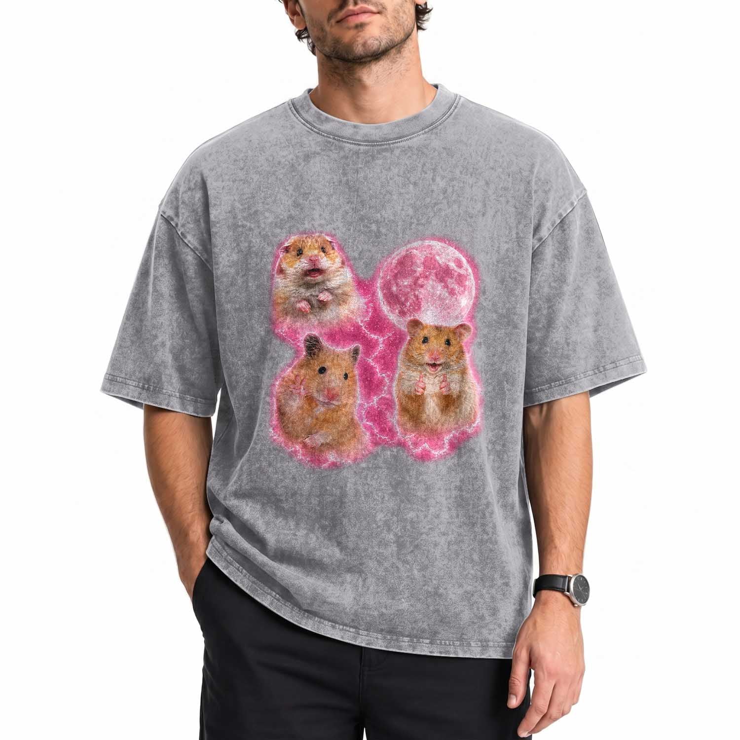 Three Hamsters Retro Graphic Washed Cotton T-Shirt Small Pet Lover Gift Idea