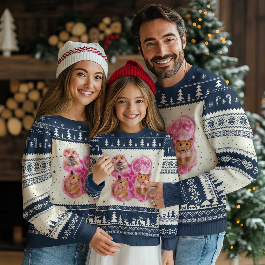 Three Hamsters Retro Graphic Ugly Christmas Sweater Small Pet Lover Gift Idea TS12 Beige Navy Print Your Wear
