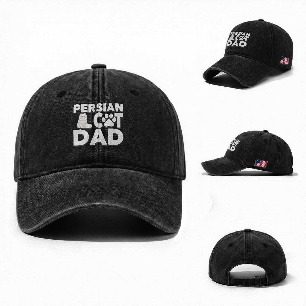 Proud Persian Cat Dad Washed Cotton Baseball Cap Funny Fluffy Cat Lover Gift TS12 Washed Cap Universal Fit Black Print Your Wear