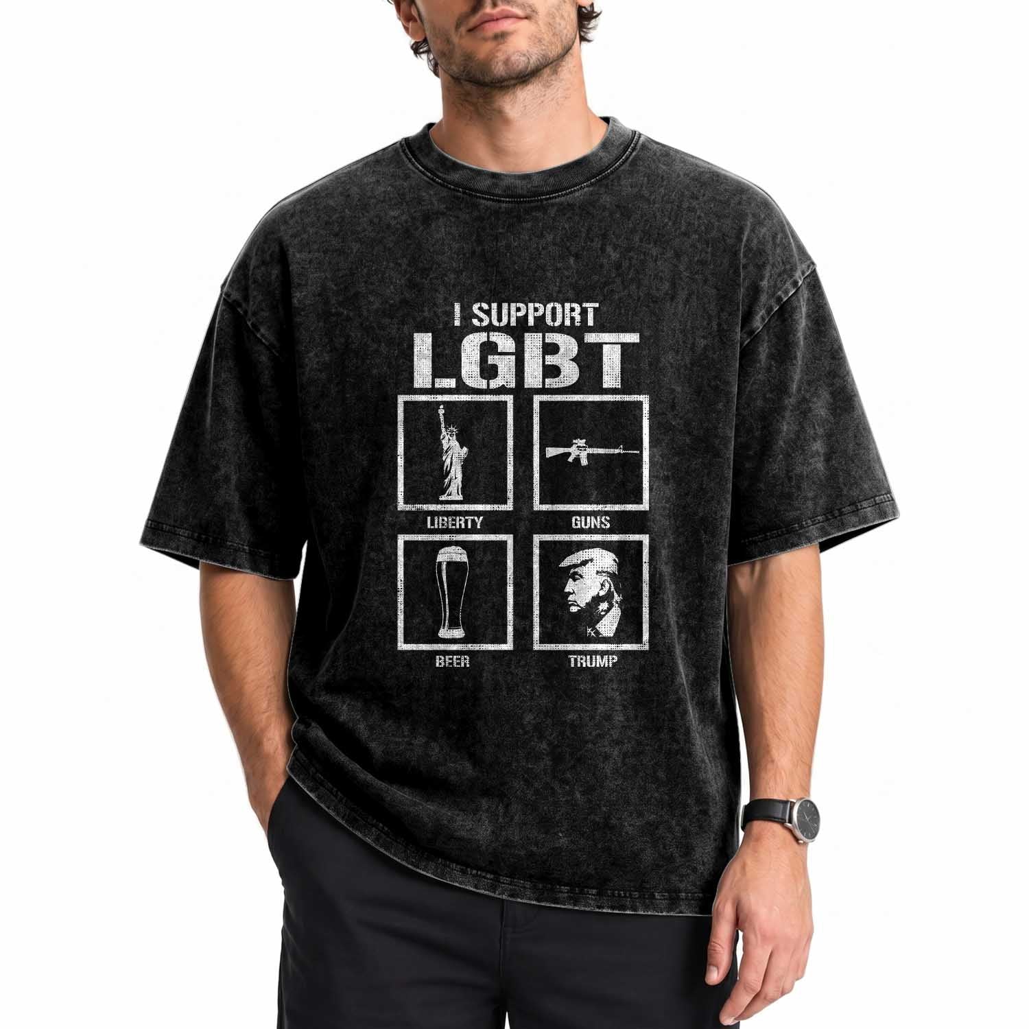 I Support LGBT Liberty Guns Beer Trump Washed Cotton T-Shirt Funny Patriotic Parody Graphic