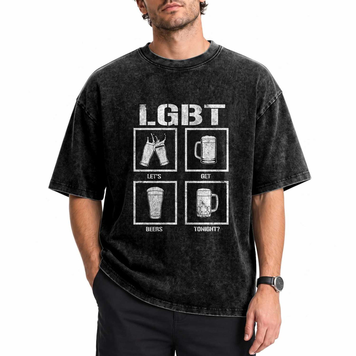 LGBT Let's Get Beers Tonight Washed Cotton T-Shirt Funny Beer Drinking