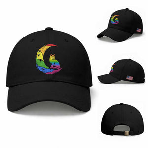 Rainbow Moon Cat Pride Baseball Cap LGBT Feline Graphic TS12 Baseball Cap Universal Fit Black Print Your Wear