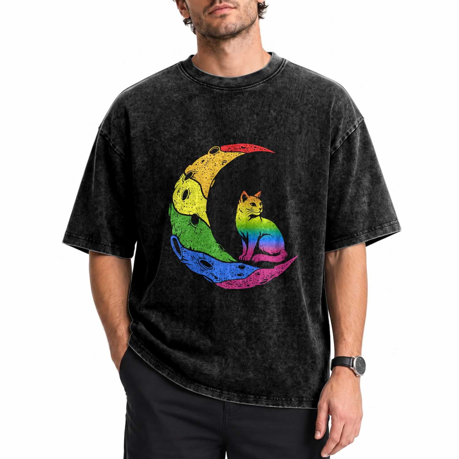 Rainbow Moon Cat Pride Washed Cotton T-Shirt LGBT Feline Graphic