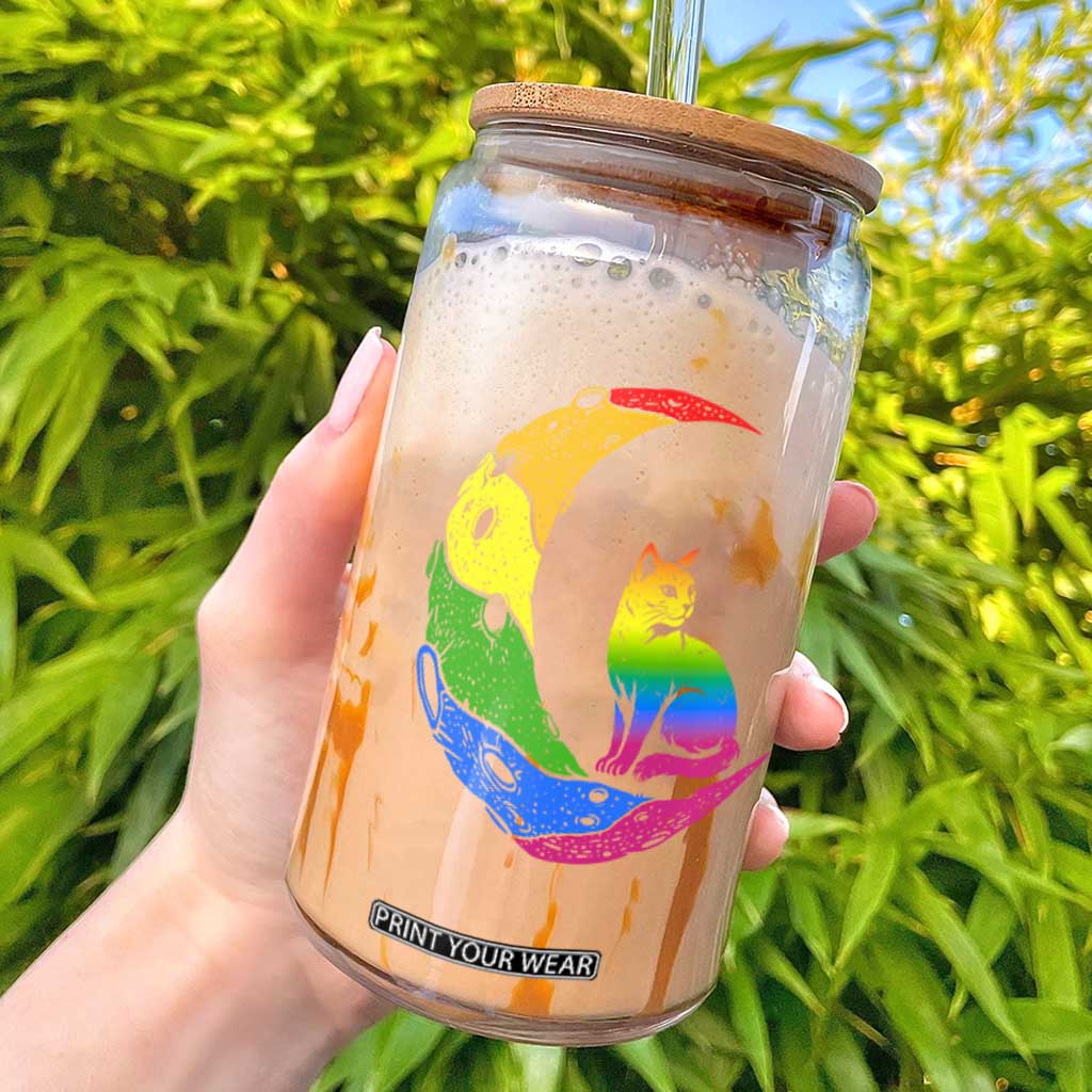 Rainbow Moon Cat Pride Glass Can LGBT Feline Graphic TS12 Black Print Your Wear