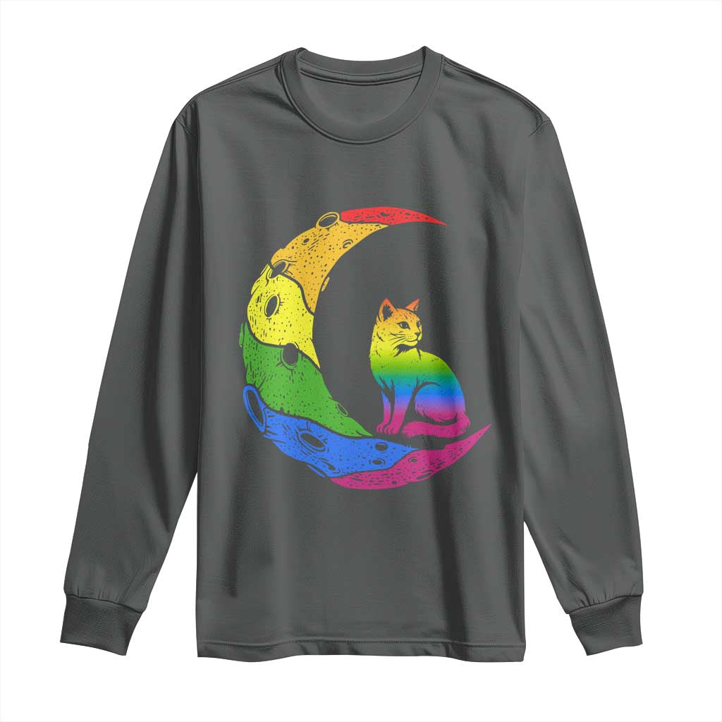 Rainbow Moon Cat Pride Long Sleeve Shirt LGBT Feline Graphic TS12 Dark Heather Print Your Wear