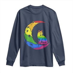 Rainbow Moon Cat Pride Long Sleeve Shirt LGBT Feline Graphic TS12 Navy Print Your Wear