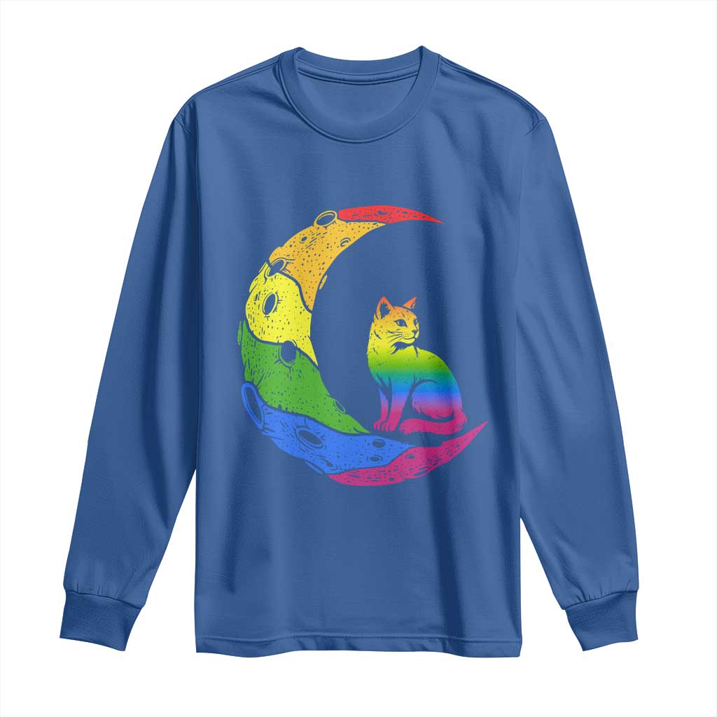 Rainbow Moon Cat Pride Long Sleeve Shirt LGBT Feline Graphic TS12 Royal Blue Print Your Wear