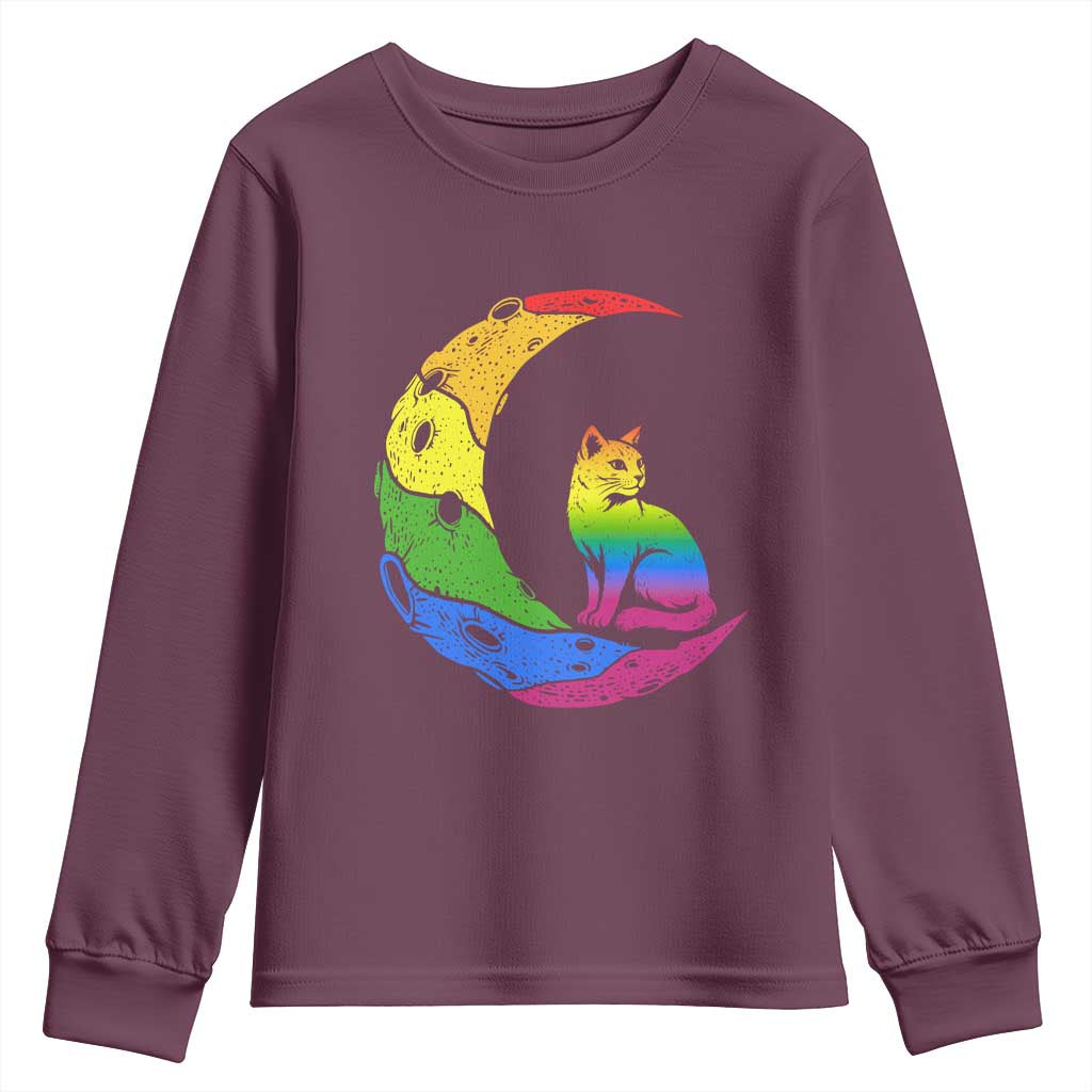 Rainbow Moon Cat Pride Youth Sweatshirt LGBT Feline Graphic TS12 Maroon Print Your Wear