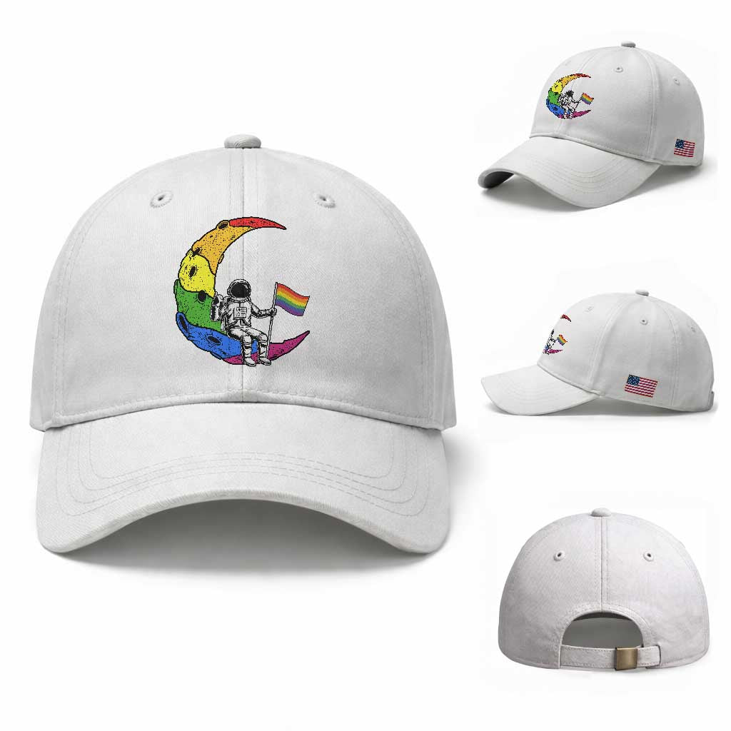 Rainbow Astronaut On The Moon LGBT Baseball Cap Spaceman Pride Month TS12 Baseball Cap Universal Fit White Print Your Wear