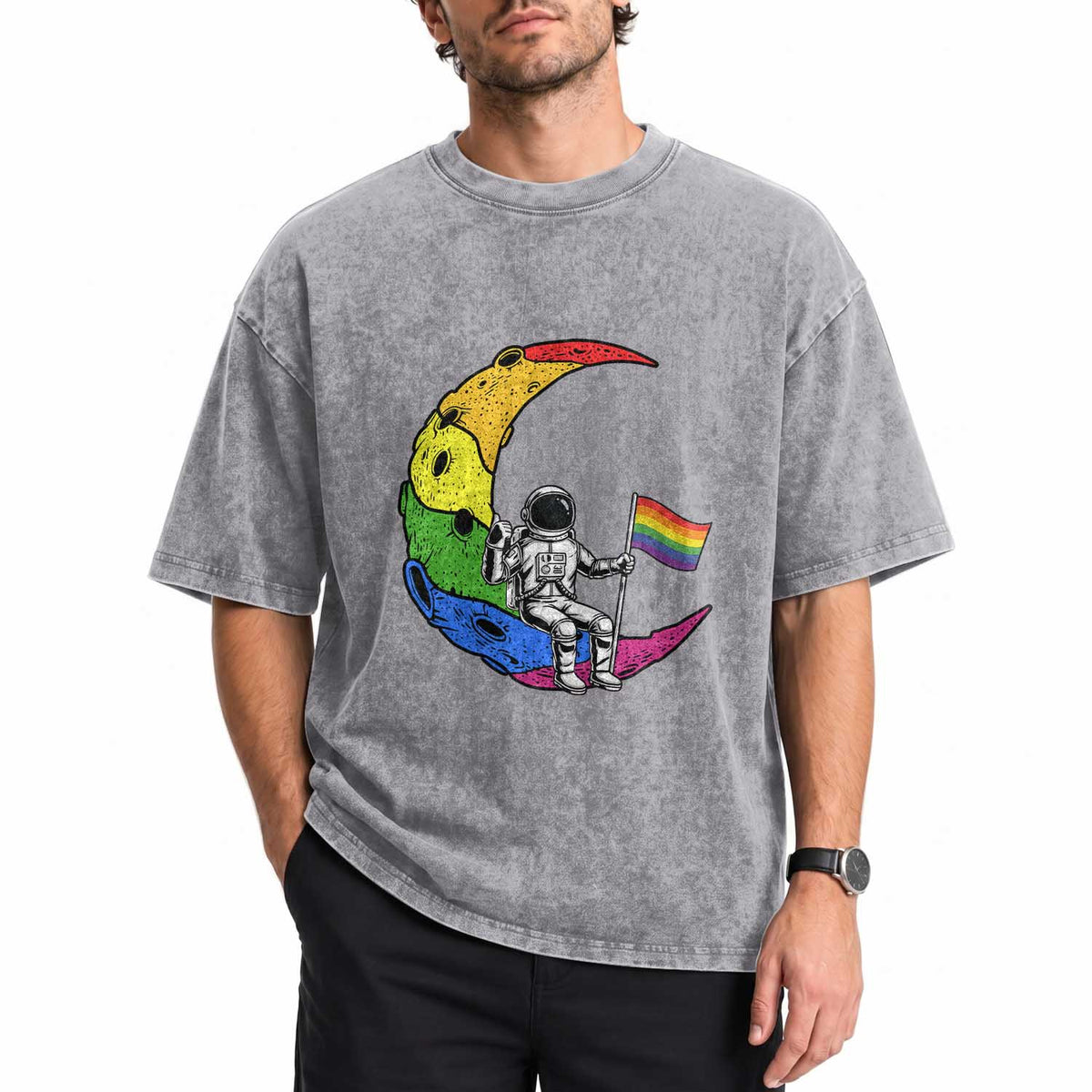 Rainbow Astronaut On The Moon LGBT Washed Cotton T-Shirt Spaceman Pride Month