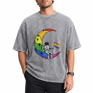 Rainbow Astronaut On The Moon LGBT Washed Cotton T-Shirt Spaceman Pride Month