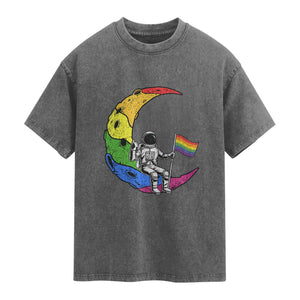 Rainbow Astronaut On The Moon LGBT Washed Cotton T-Shirt Spaceman Pride Month